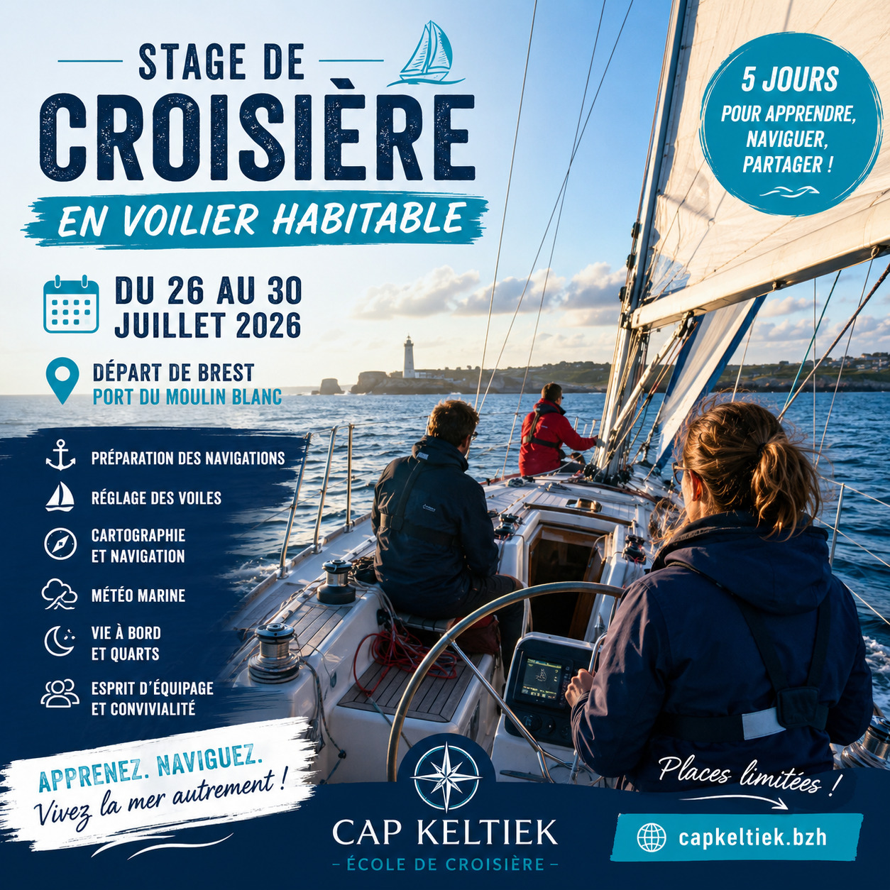 🌊⛵ STAGE DE CROISIÈRE EN VOILIER HABITABLE ⛵🌊

📅 Du 26 au 30 juillet 2026
📍 Départ de Brest – Port du Moulin Blanc

Envie d'apprendre à naviguer tout en découvrant la Bretagne par la mer ?

Pendant 5 jours de navigation et de vie à bord, embarquez sur Alwena, notre Bavaria 36 Cruiser, pour un stage immersif de croisière côtière. Que vous soyez débutant ou déjà pratiquant, vous participerez activement à toutes les manœuvres :

⚓ Préparation des navigations
⛵ Réglage des voiles
🧭 Cartographie et navigation
🌦️ Lecture de la météo marine
🌙 Vie à bord et quarts de navigation
🤝 Esprit d'équipage et convivialité

Avec seulement 5 stagiaires à bord, chacun progresse rapidement et prend la barre dans des conditions réelles de navigation. Le stage permet de découvrir tous les aspects de la croisière habitable, de l'équipier au futur chef de bord.

✨ Une expérience humaine, sportive et enrichissante au cœur de l'un des plus beaux plans d'eau d'Europe.

📲 Réservez votre place dès maintenant :
Cap Keltiek

#Voile #CroisièreVoile #StageVoile #Brest #Bretagne #Sailing #Voilier #Navigation #CapKeltiek #FFVoile #VacancesActives #Mer #Nautisme #VoileHabitable #CroisiereBretagne